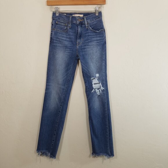 Levi's Premium 724 High Rise Straight Stretch Distressed Jeans Blue Size 24 - Picture 1 of 8